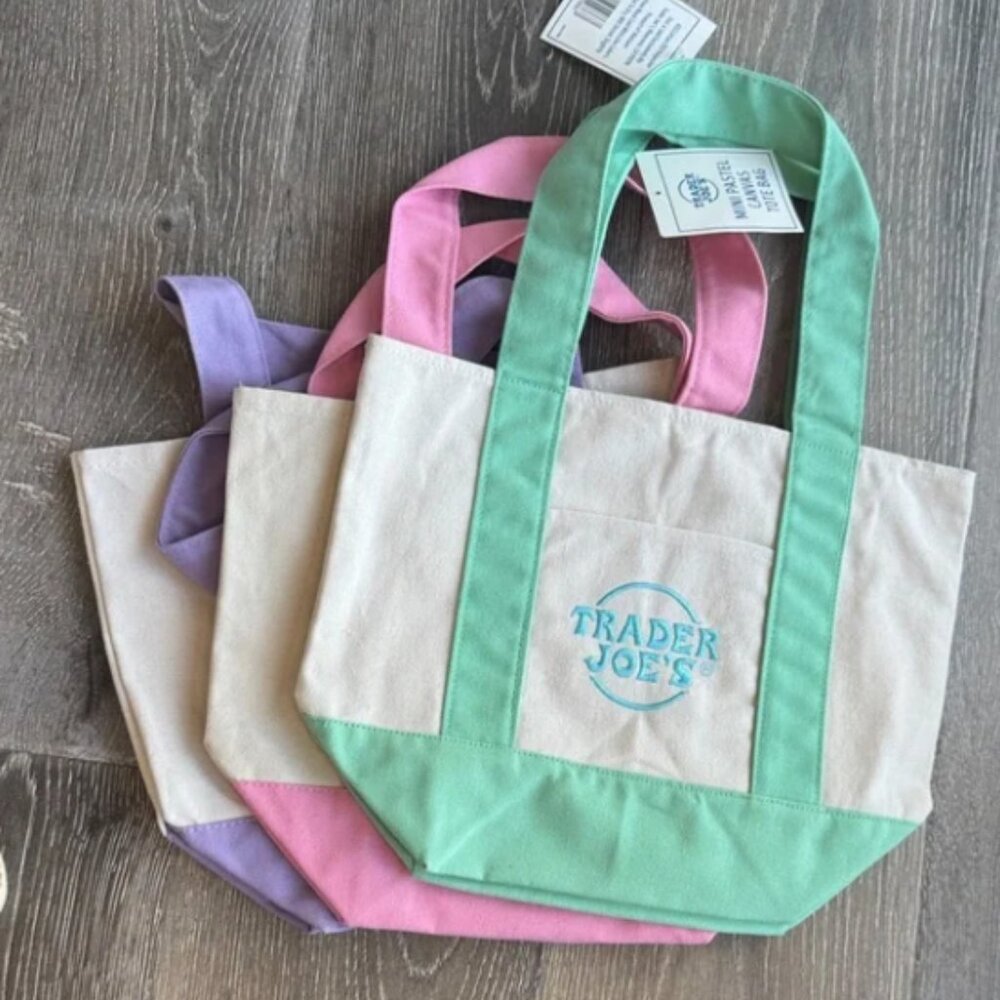 NWT 3 Spring Trader Joe's Canvas Mini Tote Bags Purple Green Pink Easter Hunt!